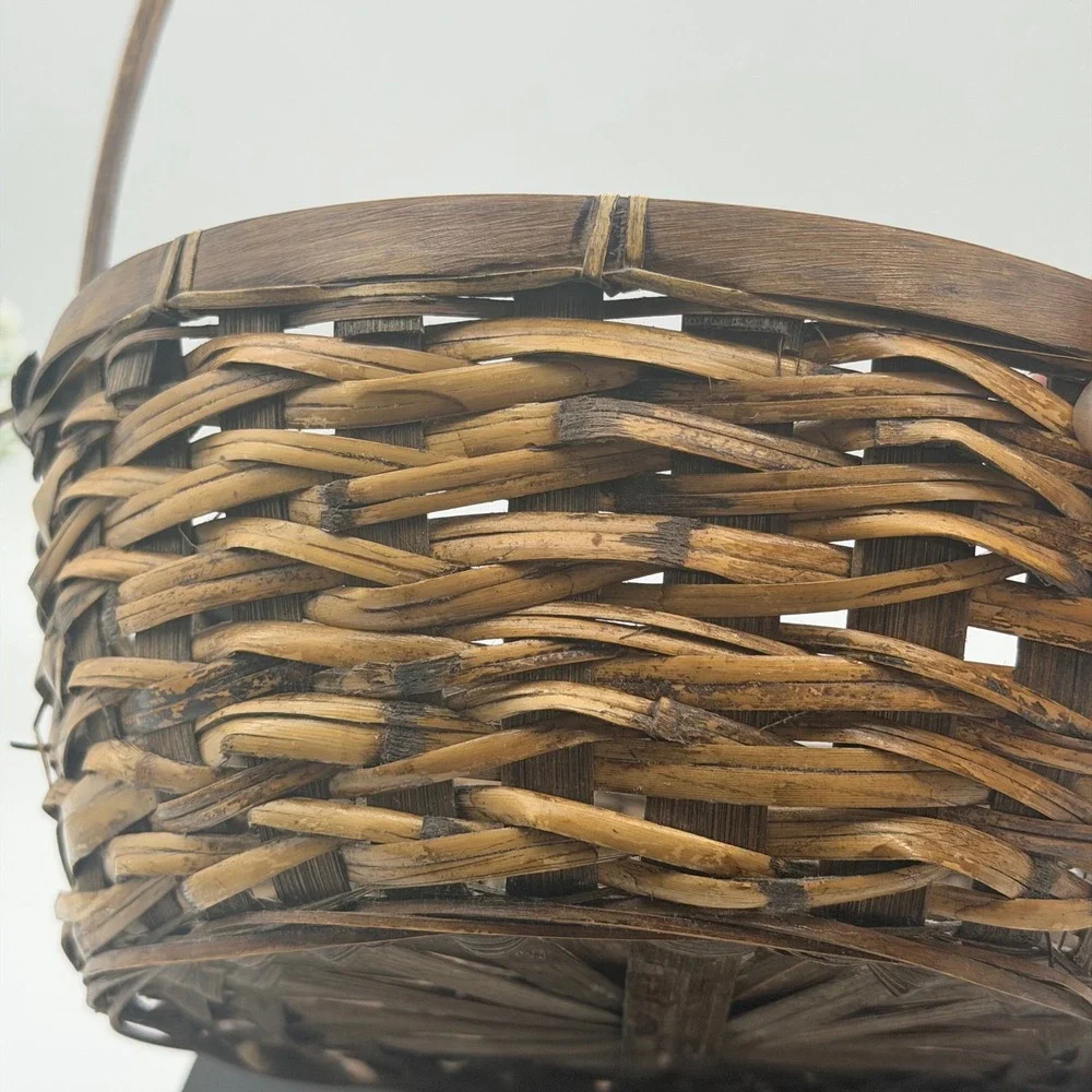 Vintage Woven Wood Round Basket with Tall Handle Brown Rustic Farmhouse Decor
